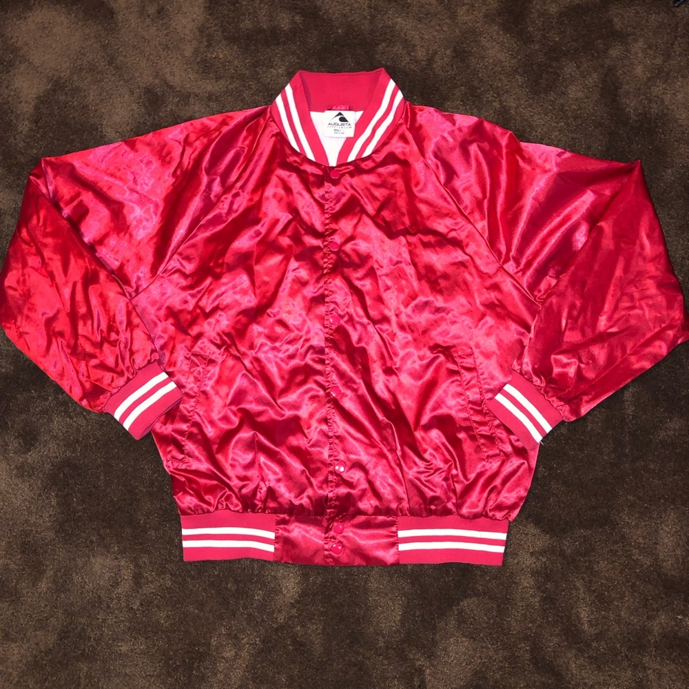 Augusta Sportswear Red Satin Striped Trim Baseball Jacket Full Snap Large